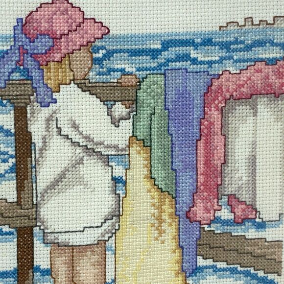 Vintage Needlepoint Girl At Beach Pastel Framed Glass 11"x9" Wall Hanging Decor - Picture 3 of 8